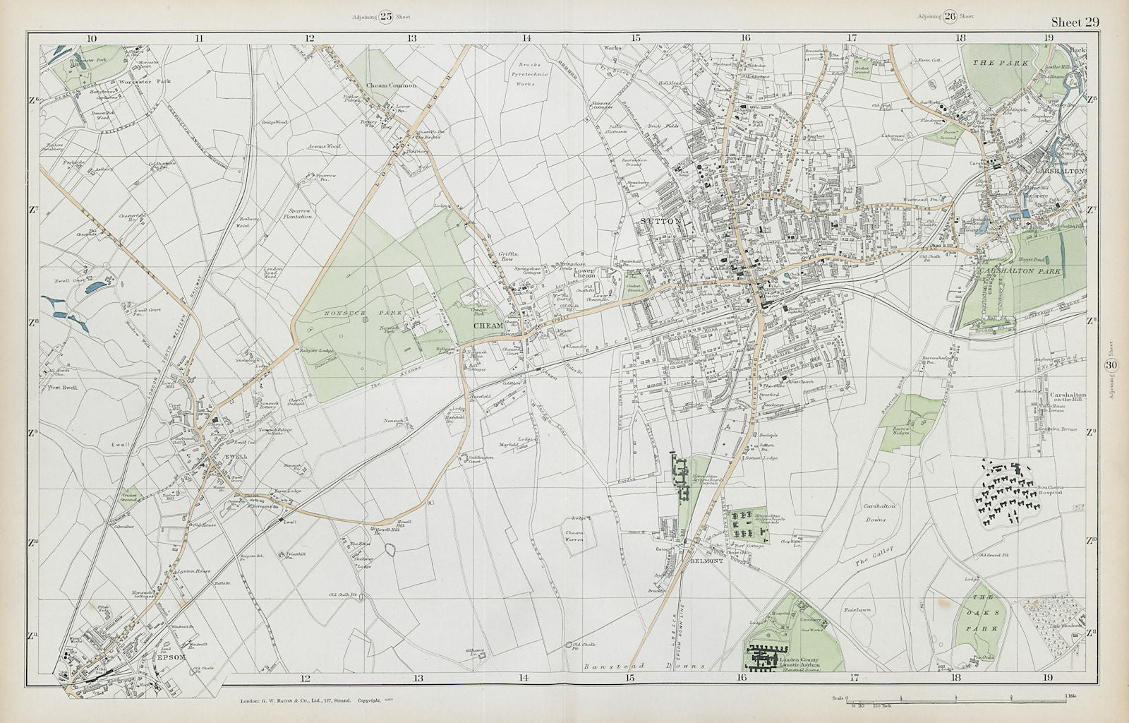 SUTTON Cheam Epsom Belmont Carshalton Ewell Banstead Downs. BACON  1906 map
